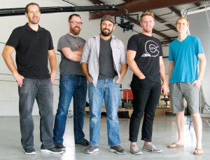 The team at Hoptocopter Films includes, from left, Jess Rigg, Jeff Gustafson, Seth Schaeffer, Brian Watson and Will Campbell. The Grand Junction video production company joined with the Colorado Advanced Manufacturing Alliance to produce a film promoting the manufacturing industry and its importance to the state economy. (Business Times photo by Phil Castle)